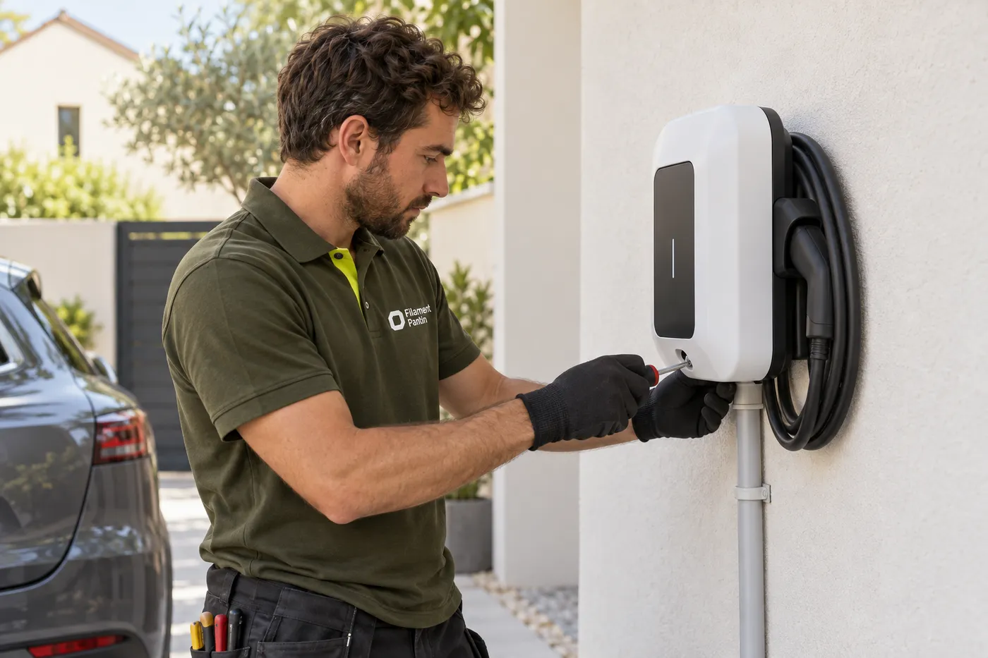 Électricien de Filament Pantin fixant une borne de recharge murale pour véhicule électrique devant un pavillon à Pantin