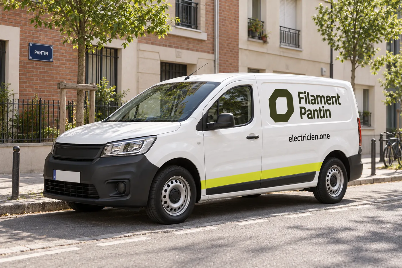 Camionnette blanche Filament Pantin (electricien.one) à bande citron, garée dans une rue résidentielle de Pantin