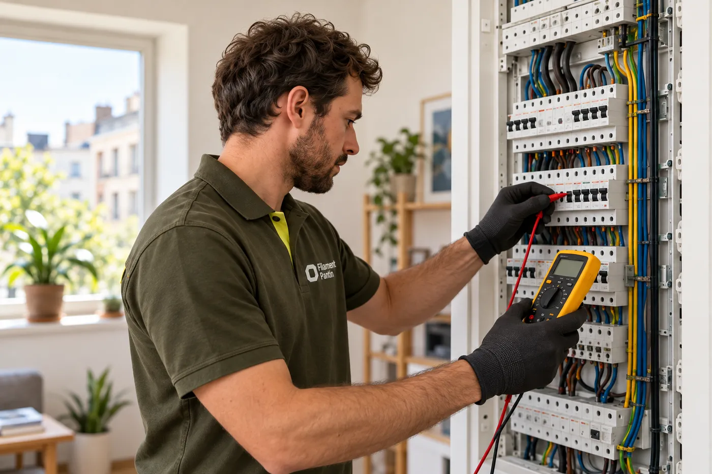 Électricien de Filament Pantin en tenue olive, gants de protection, contrôlant un tableau électrique ouvert au multimètre dans un appartement à Pantin